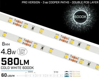 Banda LED alb rece ,   60 LED   m ,   12V ,   4,8W ,   6000K ,   IP20 ,   580lm ,   8mm ,   3 oz Versiunea PRO