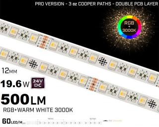 Banda LED RGB + 3000K ,   60LED,   24V ,   19.6W  ,   IP20 ,   500lm ,   12mm ,   Versiunea PRO 3oz