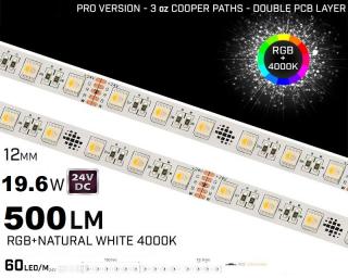 Banda LED RGB + 4000K ,   60LED,   24V ,   19.6W  ,   IP20 ,   500lm ,   12mm ,   Versiunea PRO 3oz
