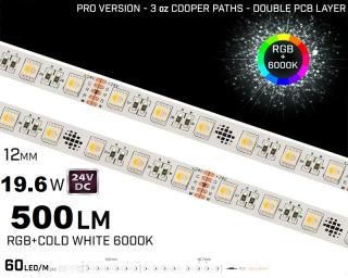 Banda LED RGB + 6000K ,   60LED,   24V ,   19.6W ,   IP20 ,   500lm ,   12mm ,   Versiunea PRO 3oz