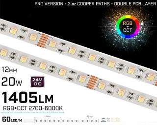 Banda LED RGBCCT ,   60LED,   24V ,   19.2W  ,   IP20 ,   1405 lm ,   12mm ,   Versiunea PRO 3oz