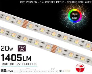 Banda LED RGBCCT ,   60LED,   24V ,   19.2W  ,   IP66 ,   1405 lm ,   12.3mm ,   Versiunea PRO 3oz