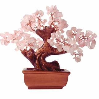 Bonsai cu cristale Cuart Roz pe suport dreptunghiular de ceramica ,   simbolizeaza: feng shui, noroc, sanatate, bogatie si familie