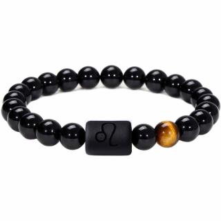 Bratara zodie Leu din pietre naturale 8mm Obsidian si Ochi de Tigru pentru barbati cu cele 12 constelatii - Include dubla gravura cu semn zodiacal specific