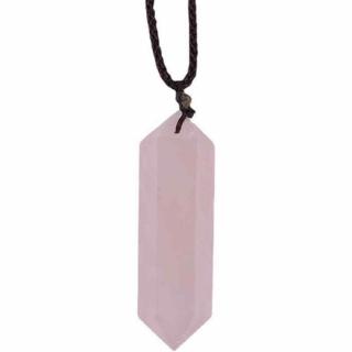 Colier cu cristal vindecator Cuart roz 4-5 cm, in forma hexagonala cu dublu varf si saculet satin negru ,   pentru protectie, vointa si noroc