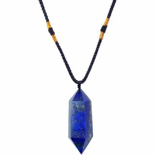 Colier cu cristal vindecator Lapis lazuli 4-5 cm, in forma hexagonala cu dublu varf si saculet satin negru ,   pentru protectie, vointa si noroc