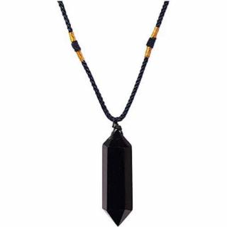 Colier cu cristal vindecator Obsidian 4-5 cm, in forma hexagonala cu dublu varf si saculet satin negru ,   pentru protectie, vointa si noroc