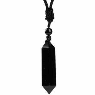 Colier cu cristal vindecator Obsidian Negru, in forma hexagonala cu dublu varf si franghie neagra ajustabila ,   pentru protectie, stabilitate si armonie
