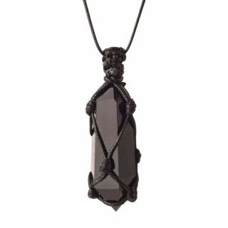 Colier cu cristal vindecator Obsidian Negru, in forma hexagonala dublu varf, infasurat intr-o plasa de franghie neagra ajustabila ,   pentru protectie, stabilitate si armonie