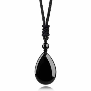 Colier din Cristal Obsidian in Forma de Lacrima Bijuterie Manuala cu Snur Reglabil pentru Barbati si Femei