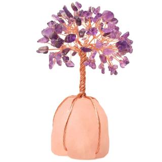 Copacel 13-14 cm din pietre semipretioase polisate de ametist si baza de piatra naturala de cuart roz - Arbore din cristale semipretioase pentru energie pozitiva, cadou spiritual