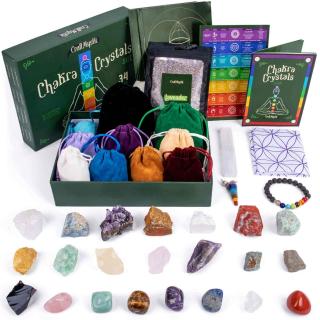 Cristale Naturale si Pietre Naturale Vindecatoare Chakra - Set complet din 34 Piese pentru meditatie, spiritualitate - Selenit, Lapis, Citrine, Ametist