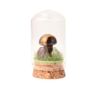 Figurina din piatra naturala semipretioasa Ochi de tigru in forma de ciuperca in mini terrarium 5 cm din sticla