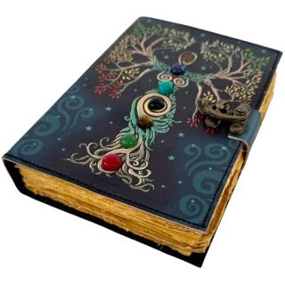 Jurnal vintage pentru magie model   Book of Shadow    cu 7 pietre pentru cele 7 chakre - Jurnal cu inchidere cu lacat, handmade din piele vintage, cadou pentru femei si barbati