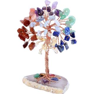 Mini Copacel pietre semipretioase 7 chakra pe felie de agat ,   decor cristal feng shui, accesorii pentru birou, cristale pentru meditatie