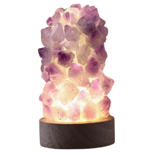 Mini Lampa Decorativa 11 cm cu Cristale de Ametist si Baza LED USB Ideala pentru Masa de Noptiera