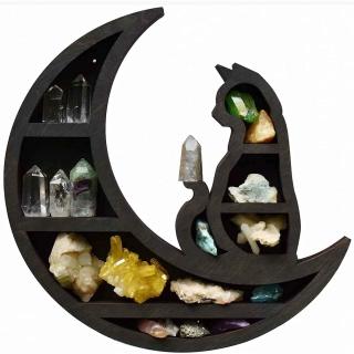 Mini Raft 30x30 cm expunere din lemn pentru cristale, uleiuri esensiale design Pisica neagra pe luna - Decorare gotica pentru camera Moon Cat