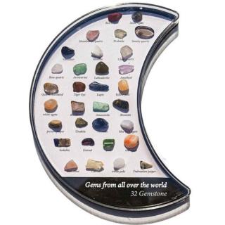 Mini set 32 pietre de colectie   Cutie in forma de luna cu pietre specimen etichetate, educationale pentru baieti si fete