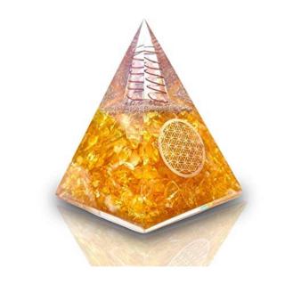 Piramida Orgonica cu Citrin si simbolul floarea vietii 8 cm ,   pentru intelepciune, bogatie si succes