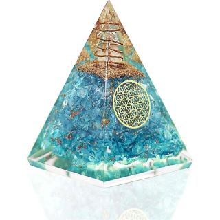 Piramida Orgonica cu cristal Acvamarin si simbolul floarea vietii 8 cm ,   pentru energie pozitiva, curaj, eliminarea fricii si a stresului
