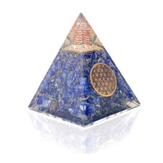 Piramida Orgonica cu cristale Lapis Lazuli si simbolul floarea vietii 8 cm ,   pentru intelepciune, armonie, onestitate si constientizare de sine