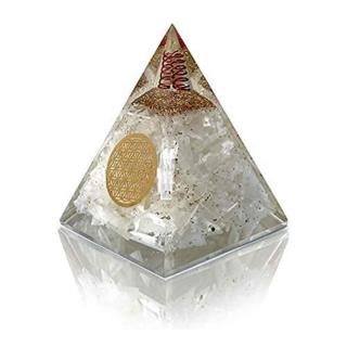 Piramida orgonica cu selenit si simbolul floarea vietii 8 cm ,   pentru curatarea energiei negative, pace, calm si energie pozitiva