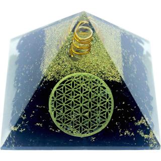 Piramida Orgonica cu Turmalina neagra si simbolul floarea vietii 8 cm ,   pentru meditatie si trezirea spiritualitatii si a abilitatilor interioare