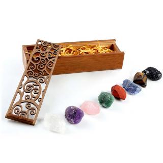 Set 8  pietre semipretioase chakra in cutie de lemn - Cristale reiki de vindecare din piatre naturale brute pentru meditatie, echilibrarea chakrelor sau ritualuri magice