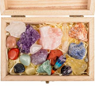 Set premium 18 piese cristale si pietre naturale vindecatoare chakra in cutie de lemn - Ideal pentru meditatie, spiritualitate, echilibrarea chakrelor ,   Include pendul chakra, ametist, cuart roz nesle