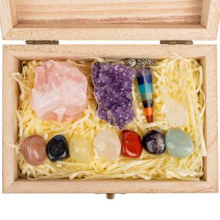 Set Premium cristale si pietre naturale vindecatoare in cutie de lemn - 11 piese pentru meditatie, spiritualitate, echilibrarea chakrelor ,   Cluster de ametist, pendul chakra, cuart roz, cristal de sta