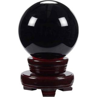 Sfera obsidian negru 80 mm, minge de cristal decorativa, cu suport de lemn -  Pentru decor, meditatie, vindecare