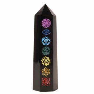 Turn de cristal din Obsidian Negru 9-10 cm cu cele 7 Chakre - Bagheta hexagonala pentru vindecare, reiki si decor pentru casa si birou