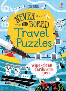 Carduri de activitati scrie si sterge   Wipe-clean cards: Never Get Bored Travel Puzzles  , reutilizabil, 6 ani+, Usborne