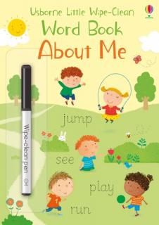 Carte de activitati scrie si sterge   Little Wipe-Clean Word Book: About Me  , reutilizabila, format mic A5, Usborne