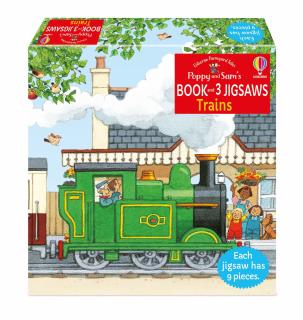 Set de 3 puzzle-uri + carte, 9 piese,   Poppy and Sam s Book and 3 Jigsaws: Trains  , Usborne