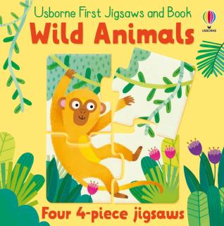 Set de 4 puzzle-uri + carte, 4 piese,   First Jigsaws and Book: Wild Animals  , Usborne
