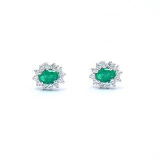 Cercei din aur alb de 14K cu diamante 0.32 ct si smaralde 0.53 ct