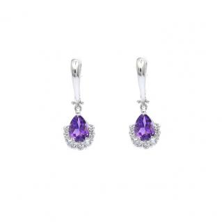 Cercei din aur alb de 14K cu diamante 0.35 ct si ametiste 1.41 ct