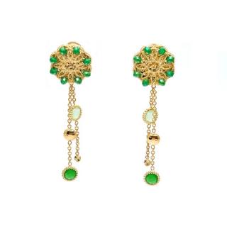 Cercei lungi din aur galben de 14K cu agate verde