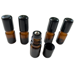 Recipient rollon ambra 10ml, cu capac negru  - set 5 buc