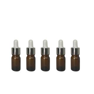 Sticla ambra cu pipeta si capac alb-argintiu 5ml - set 5 buc