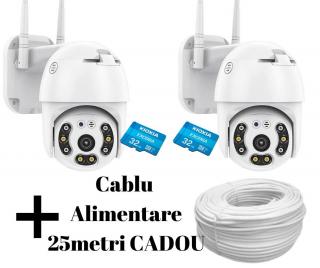 Set 2 Camere Supraveghere 5MP 360 + 2 Carduri 32GB + 25m Cablu Alimentare