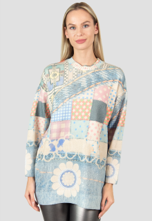Bluza cu maneca lunga tricotata cu nuante colorate si diferite imprimeuri