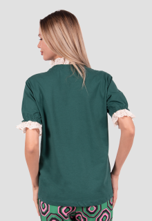 Bluza Vintage verde cu maneca scurta, imprimeu si dantela la gat si maneci