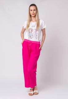 Pantaloni roz -fucsia din in, largi cu snur in talie din acelasi material