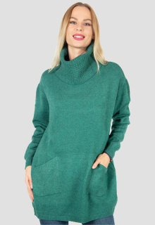 Pulover verde din tricot cu guler inalt si buzunare