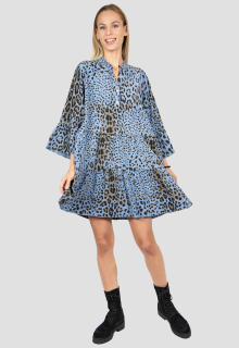 Rochie casual, albastra cu volane si imprimeu animal print