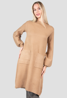 Rochie midi, tricotata, camel, cu maneci lungi bufante si buzunare