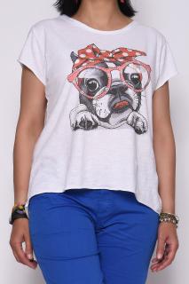 Tricou alb din bumbac fara tiv cu imprimeu colorat Pug Dog