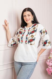 Bluza alba cu motiv floral multicolor Afrodita 01 - maneca scurta